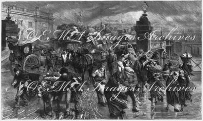 L'Exposition de Paris. - Supplément au N°13. Un jour de pluie à Londres. Gravure du journal anglais le Graphic. パリ万博 付録 13 「雨のロンドン」、英字新聞「ル・グラフィック」の挿絵