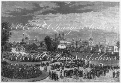 "Le parc de l'Exposition universelle, vue prise un dimanche." 日曜日の万博会場