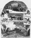 Les moyens de transport crées en vue de l'Exposition. Les tramways. - Les nouvelles voitures de la Compagnie générale. - Le chemin de fer. - Les hirondelles. 博覧会見物のためにつくられた交通機関 トラムウェイ、ジェネラル社の新しい馬車、鉄道、ツバメ船