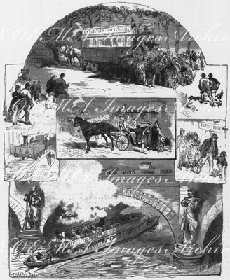 Les moyens de transport crées en vue de l'Exposition. Les tramways. - Les nouvelles voitures de la Compagnie générale. - Le chemin de fer. - Les hirondelles. 博覧会見物のためにつくられた交通機関 トラムウェイ、ジェネラル社の新しい馬車、鉄道、ツバメ船