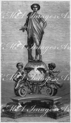 "Objet d'art : Grand prix d'agriculture (M. Decrombecque, à Lens, exposant). L'agriculture glorieuse : Statue de M. Gumery (maison Christofle)." 美術品 農業グラン・プリ大賞（受賞者はランスのドゥクロムベック氏） 「栄光ある農業」、ギュムリー作の彫像（クリストフル製）