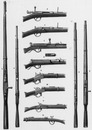 Les armes de guerre. 1. Fusil Chassepot; 2. Fusil Snider; 3. Fusil autrichien; 4. Fusil à aiguille prussien; 5. Chassepot ouvert; 6.Chassepot ferme et arme; 7. Coupe médiane du fusil prussien; 8. Fusil prussien ferme et arme; 9. Fusil autrichien ferme 武器 