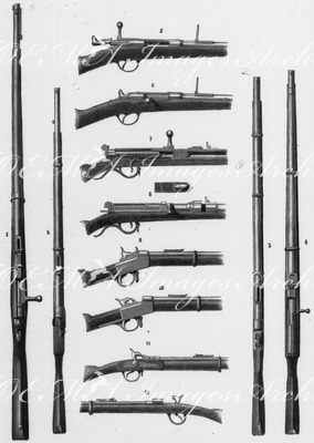 Les armes de guerre. 1. Fusil Chassepot; 2. Fusil Snider; 3. Fusil autrichien; 4. Fusil à aiguille prussien; 5. Chassepot ouvert; 6.Chassepot ferme et arme; 7. Coupe médiane du fusil prussien; 8. Fusil prussien ferme et arme; 9. Fusil autrichien ferme 武器 