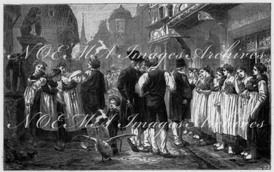 La foire aux servantes à Bouxviller. - Tableau de M. Marchal. 「ブーヴィエの女中祭り」、マルシャル画