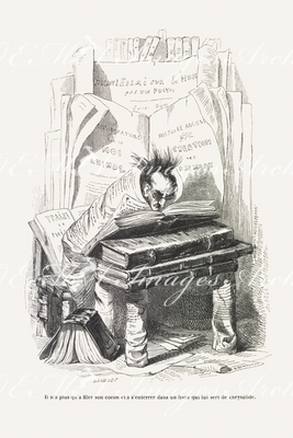 グランヴィル Grandville - 《蝶に変身せんとする学者はもはや繭をつくって本の中に閉じこもるほかなかったが、 その本はサナギとして役立った 》 Il n'a plus qu'à filer son cocon et s'enterrer dans un livre qui lui sert de Chrysalide.
