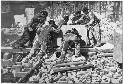 Les travailleurs de l'Exposition.- Une équipe de bardeurs (chantiers des Champs-Elysées.) 1900年博 博覧会場の作業員たち － 石材運搬夫のチーム（シャン＝ゼリゼの工事現場にて）