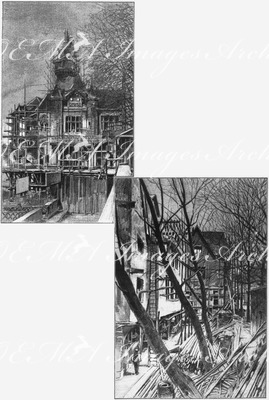 La construction du Vieux-Paris.1.La porte Saint-Michel.- 2.Rue des Remparts.1900年博 「古いパリ」の建設 1.サンミッシェル門 －2.ランパール（城壁）通り