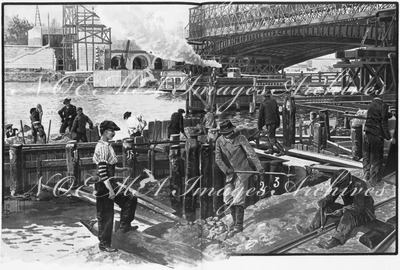 Les chantiers du pont Aléxandre III.- Vue prise de la rive gauche (Mai 1899).1900年博 アレクサンドル3世橋の工事現場 － 左岸から見た図（1899年5月）