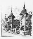 "Le village suisse à l'Exposition de 1900.- Les tours de Berne (Entrée, avenue de Suffren)." 1900年博 1900年博覧会のスイス村 － ベルンの塔（スフラン大通りの入口）