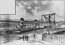 "La ligne Courcelles-Champ-de-Mars.Foncage de caissons, à l'air comprimé, pour la construction des piles du pont définitif." 1900年博 クールセル・シャン・ド・マルス線 本橋の支柱建設のため圧縮空気で打ち込まれる潜函