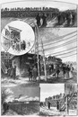 Les trottoirs mobiles.- 1.Aspect général de l'installation.- 2.La tribune d'accès.- 3.L'abri des prises de courant.- 4.Les alentours de la piste.- 5.Descente du public.1900年博 動く歩道 － 1.装置の全景 －2.入場口 －3.電線の小屋 －4.敷地の付近 －5.お客が降りる