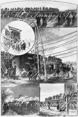 Les trottoirs mobiles.- 1.Aspect général de l'installation.- 2.La tribune d'accès.- 3.L'abri des prises de courant.- 4.Les alentours de la piste.- 5.Descente du public.1900年博 動く歩道 － 1.装置の全景 －2.入場口 －3.電線の小屋 －4.敷地の付近 －5.お客が降りる