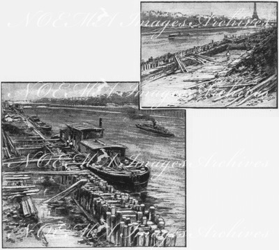 Modifications des ports de la Seine.- 1.Construction du mur de quai.2.Epuisement du batardeau.1900年博 セーヌ河岸の改修 － 1.河岸の壁の建設 －2.締め切りの水抜き