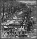 "Modifications des ports de la Seine.- Construction d'un batardeau, avec ponton portant une sonnette pour l'enfoncement des pilotis." 1900年博 セーヌ河岸の改修 － 基礎杭打ち込み用の杭打ち機が設置された浮き橋をかけての締め切り工事