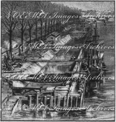 "Modifications des ports de la Seine.- Construction d'un batardeau, avec ponton portant une sonnette pour l'enfoncement des pilotis." 1900年博 セーヌ河岸の改修 － 基礎杭打ち込み用の杭打ち機が設置された浮き橋をかけての締め切り工事