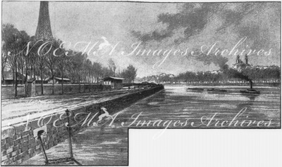 Modifications des ports de la Seine.Aspect d'un bas quai reconstruit pour former un port droit.1900年博 セーヌ河岸の改修 － まっすぐな堤防を作るために改修された河岸の下部