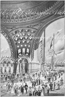 "Le dessous de la coupole et le grand arc, vus de l'intérieur." 1900年博 内部から見た円天井の下と大アーチ